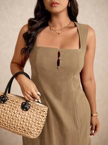 Elaquor Đầm suông không tay màu trơn thường ngày cỡ lớn cho kỳ nghỉ - Màu Khaki - Xem 7