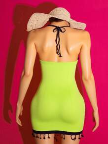 Slaydiva 2025 Spring/Summer Plus Size Vintage Western Resort/Date/Music Festival/Elegant Vacation/City Vacation/Casual Vacation, Road Trip Fitted Green Halter Backless Letter English Graphic Knit Fringe Mini Dress - Green - View 2