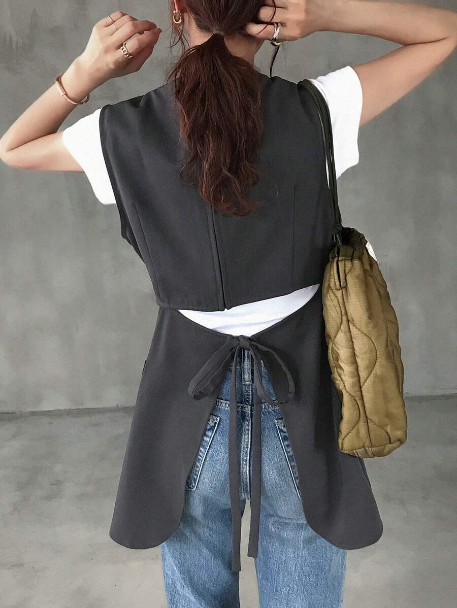 FRIFUL Blusa casual sin mangas con cuello redondo, cintura ceñida, cremallera trasera y espalda descubierta, color gris oscuro sólido, para negocios, graduación y vacaciones - Gris Oscuro - Ver 1