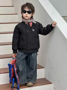 DAZY Little Boys' Round Neck Plaid Print Embroider Solid Color Padded Coat, Winter - Black - View 8