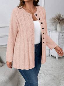Cárdigan casual con botones y tejido de punto de cable de unicolor para mujer talla grande - Rosa - Ver 5