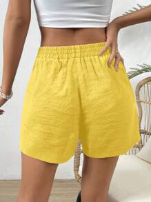 Vivid Eden Summer Beach Solid Knot Waist Shorts - Yellow - View 2