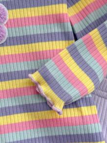 SHEIN Newborn Baby Girl Adorable Summer Knitted Colorful Striped Floral Print Long Sleeve Top And Elastic Waist Long Pants Set Fall Winter