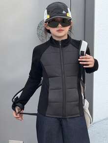 DAZY Tween Girls Fitted Casual Solid Color Patchwork Padded Coat, Winter - Black - View 4