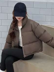 DAZY 青少年（女孩）休闲街头风格宽松短款棉衣，冬季 - 咖啡棕 - 查看 4