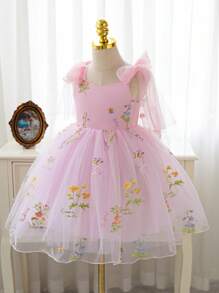 SHEIN Glamorique Kids 复活节花童生日派对婚礼礼服，女孩细肩带绿色薄纱蝴蝶结前公主刺绣芭蕾舞裙，适合舞台表演、派对、摄影，四季皆宜 - 西瓜粉 - 查看 3