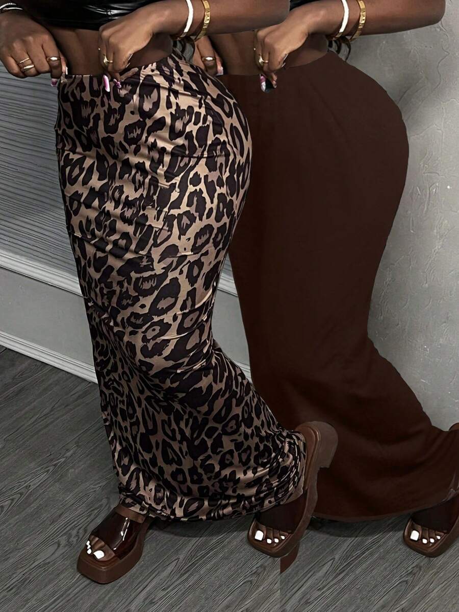 Slaydiva 2 件棕色豹纹低腰紧身美人鱼长裙，豹纹图案，女士适用 - 彩色 - 查看 1