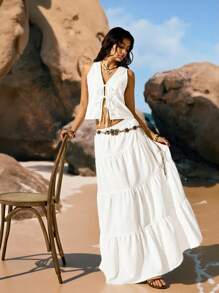 Easelle 女士两件套白色毕业礼服梭织度假棉套装：前系带背心和裙子波西米亚风假日服装 - 白色 - 查看 3