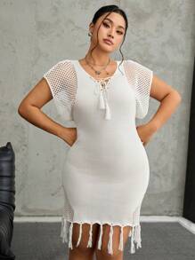 SHEIN EZwear Vestido ajustado de mujer de talla grande con diseño de lazo, de manga corta, con flecos y con abertura en el Body - Blanco - Ver 1