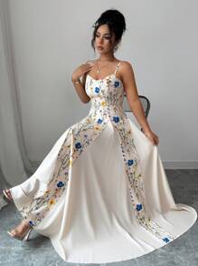 Elenzga Floral Print Patchwork Sleeveless Dress Floral Formal Dress Long Dress Summer Garden Party Formal Dress Sundress Long Fashionable Dresses