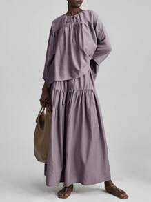Ontre Rok A-Line Kasual Wanita Warna Polos dengan Tali Serut di Pinggang dan Hem Bergelombang, Cocok untuk Musim Panas, Musim Gugur, Wisuda, Liburan, Pantai, Festival Musik - Purple - View 2