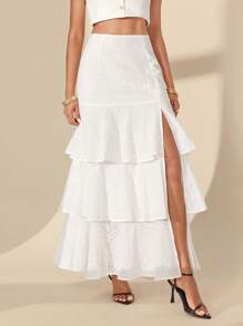 Almamuse Women High Waist Embroidered White Eyelet Skirt,Elegant Classy Summer Vacation Holiday Layered Ruffled Slit Tiered Ruffle Skirts Fall Cloth For Women - White - View 4