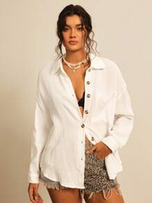 Freevana Camisa simple de manga larga diaria para mujeres de tallas grandes en unicolor - Blanco - Ver 4