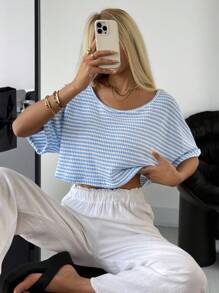 SHEIN EZwear 斯德哥尔摩风格机场女士蓝色条纹针织女短款休闲宽松T恤女夏季上衣蓝白条纹上衣夏季上衣女短款上衣 - 藍白色 - 查看 6