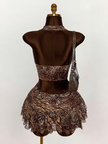 Amplova Women's Halter Backless Leopard Print Tank Top And Fashionable Low Waist Skirt Set - Multicolor - View 3