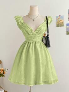 Soleia Women's Vacation Romantic Cutout Textured Fabric V-Neck Double Layer Flutter Sleeve Crisscross Back Mini Dress With Faux Pearl Embellishment, A-Line Silhouette, Suitable For Party, Valentine's Day, Date, Wedding, Afternoon Tea Light Green Dress Green Sundress Sage Dress Lime Green Dress Cottagecore Dress Sage Green Dress