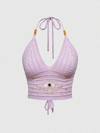 Hippie Summer Boho Chic Women Casual, Purple Knit Beaded Top With Moon & Star Embroidery Design