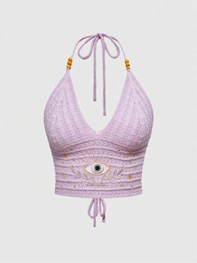 Hippie Top casual boho chic da donna per l'estate, top lavorato a maglia viola con design ricamato a luna e stelle