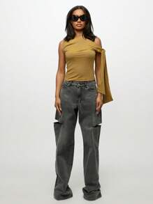 SUMWON WOMEN 条纹单肩个性上衣不对称长款荷叶边时尚设计休闲日夏季秋季时尚简约都市生活方式 - 黃色 - 查看 3