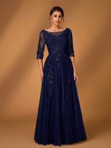 Serin 浪漫优雅圆领 3/4 袖蕾丝撞色网眼 A 字下摆奢华刺绣连衣裙，适合晚会、约会、舞会、单身派对、音乐节、婚礼、新娘母亲礼服、春夏季