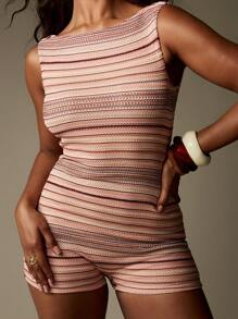 MISSGUIDED Elegant Knitted Striped Romper Sleeveless Textured Playsuit Summer Backless Slim Fit Resort Wear Bodycon Vacation Beachwear Poolside Fashion - Brown - View 4