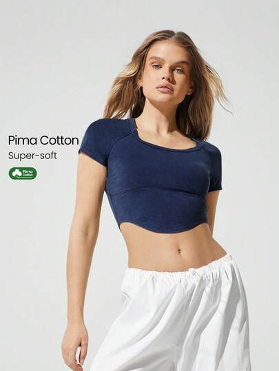 GLOWMODE Top corto de corpiño de algodón pima lavado, cuello cuadrado, bajo curvo, manga corta, elástico, atractivo y suave, para yoga, pilates, barre y uso diario activo