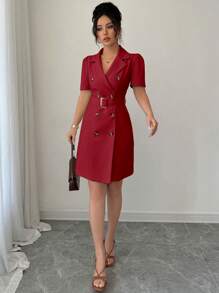 Rafferiza Women's Simple Solid Color Lapel Tie Waist Double Breasted Short Puff Sleeve Dress, Summer - Red - View 3