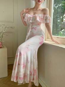 DAZY 1 buah Gaun Lengan Pendek Berenda Bahu Terbuka untuk Wanita, Gaun Panjang Model A-Line Pinggang Ekor Ikan Motif Kupu-kupu Bahu Terbuka - Baby Pink - View 4