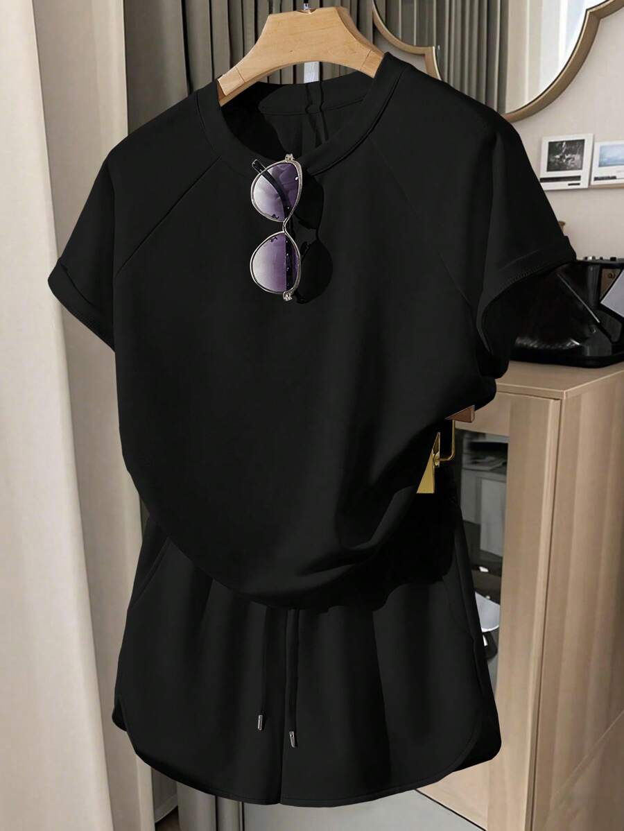 INAWLY 女士休闲插肩袖短袖套装，运动风格，适合夏季 - 黑色 - 查看 1