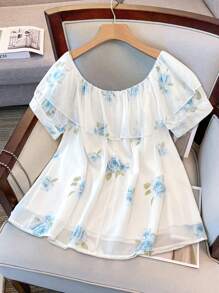 GlowEve CURVE 大码女式露肩短袖碎花雪纺衬衫，百搭时尚休闲装，适合春夏季，适合日常、通勤和度假