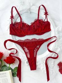 SHEIN Bộ đồ lót và quần lót ren mảnh màu trơn gợi cảm dành cho nữ, 2 món - Màu Đỏ Sâu - Xem 2