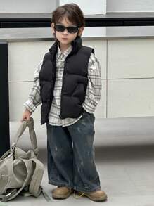 DAZY Young Boys Casual Solid Color Street Style Padded Vest Winter - Black - View 1