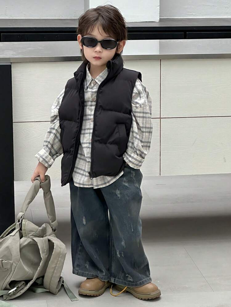 Young Boys Casual Solid Color Street Style Padded Vest Winter