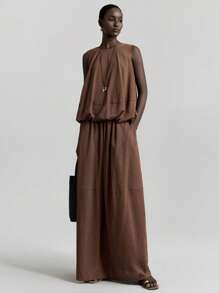 Ontre 现代都市风格，极简主义舒适风格，条纹材质，棕色，女式 A 字裙，飘逸，松紧腰身，日常穿着，通勤，休闲，商务休闲，2025 年新款，初秋