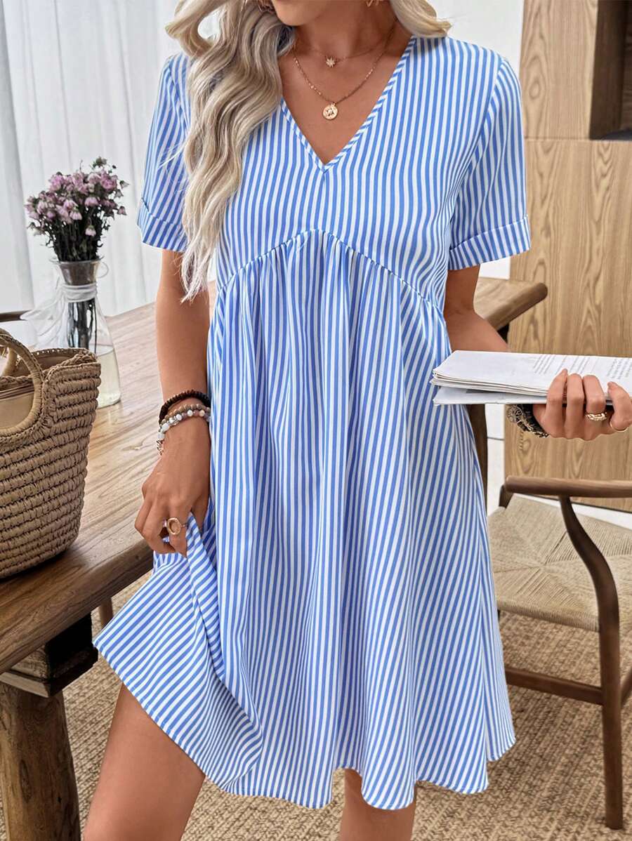 EMERY ROSE 女式优雅条纹V领短袖A字迷你连衣裙