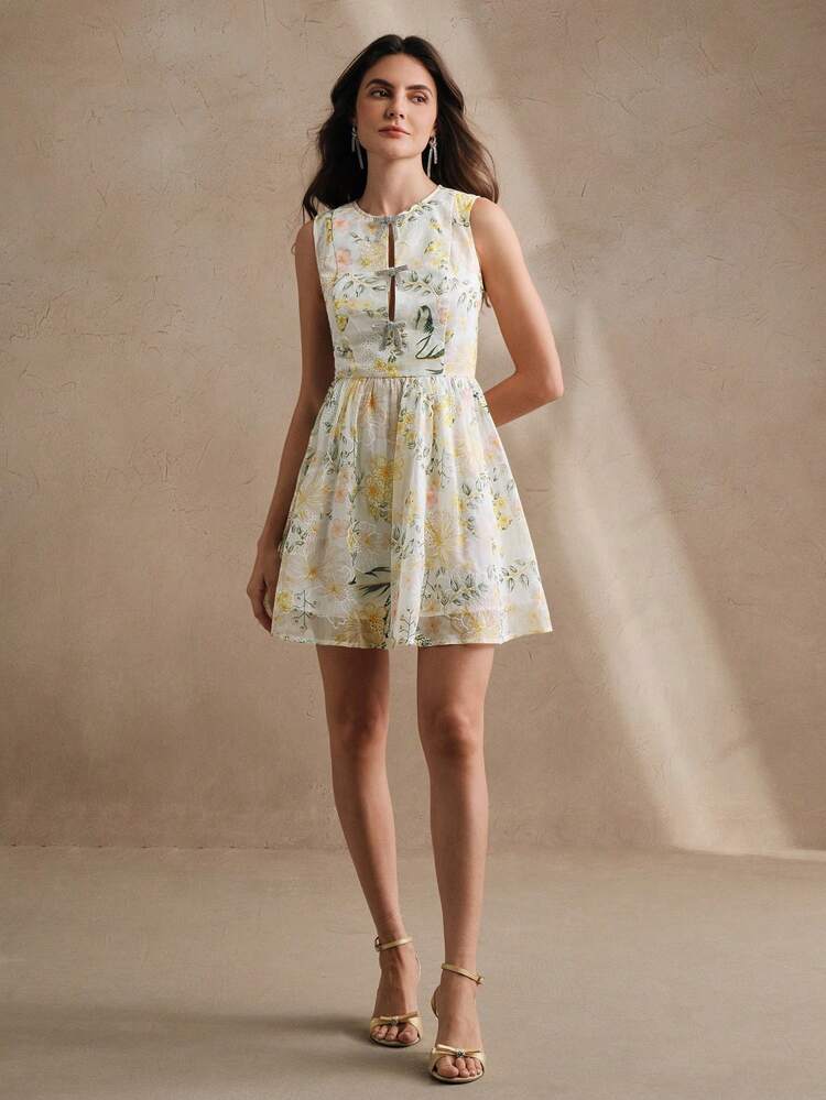 French Style Rhinestone Bow Brooch, Soft Ditsy Floral Fit & Flare Short Dress With Waist Cinching, Flattering