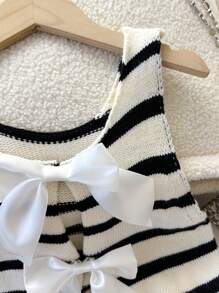 SHEIN 青少年女孩休闲针织圆领罗纹条纹蝴蝶结前开衫，返校季 - 白色 - 查看 6