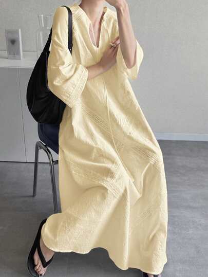 FRIFUL Women Lace Embroidery Patchwork Mesh Floral Embroidered A-Line Long Dress, Casual Vacation Holiday Dress, Music Festival Graduation Ceremony Dress Pale Yellow Dress Light Yellow Dress Women Korean Dress Dress Modest Japanese Dress,Fall Dress Embroidered Dress Long Sleeve Dress