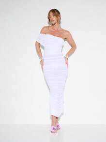 KIZN Einschultrig Bardot geraffte Abendkleid Mesh Maxikleid formelle Hochzeitsgast Gelegenheit Party bodenlang Kleid