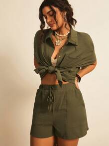 Freevana Plus Size Solid Color Button Front Collared Short Sleeve Top And Drawstring Pocket Shorts 2pcs Set,Holiday Outfits