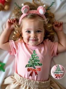 圣诞节女婴休闲时尚闪光蝴蝶结圣诞树图案印花基本款短袖 T 恤 - 卡其色 - 查看 1