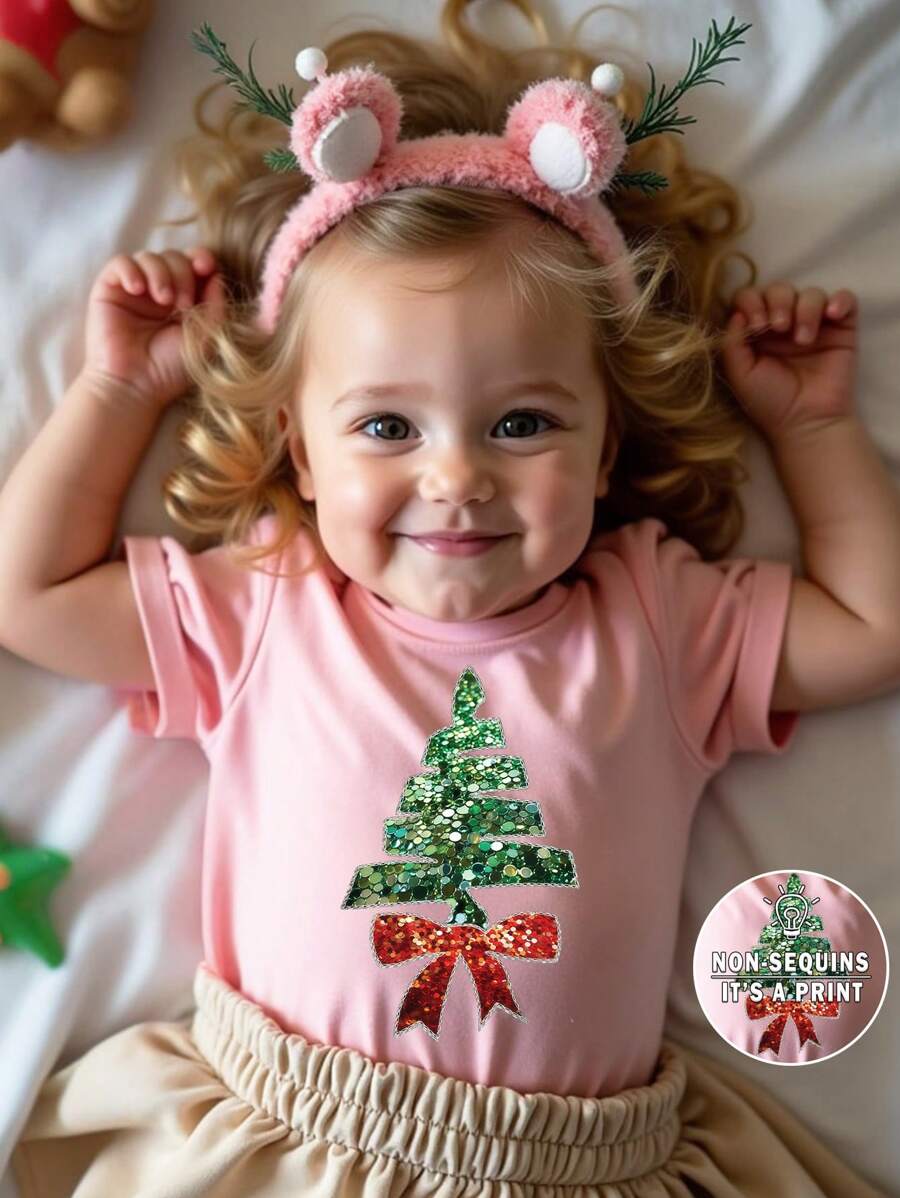 圣诞节女婴休闲时尚闪光蝴蝶结圣诞树图案印花基本款短袖 T 恤 - 卡其色 - 查看 1