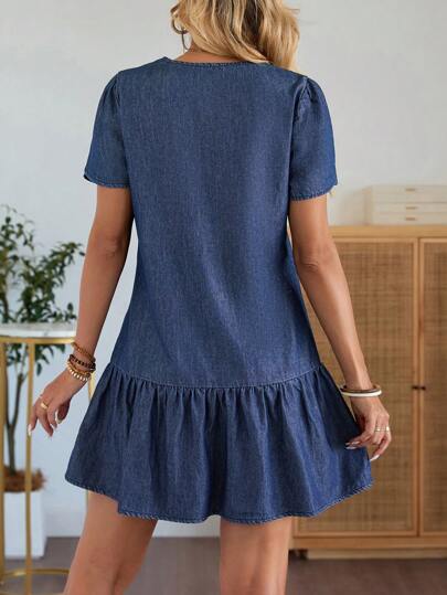 EMERY ROSE Mature Denim 女式度假休闲V领花瓣袖短款牛仔连衣裙