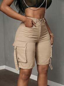 SHEIN CURVE+ 大码女式无弹力牛仔百慕大短裤，欧美风格优雅短裤，夏季美式复古休闲工装短裤 - 卡其色 - 查看 1