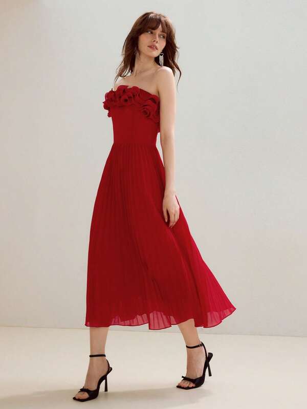 MOTF STUDIO SOLID LAYERED RUFFLE TRIM PLEATED HEM TUBE DRESS