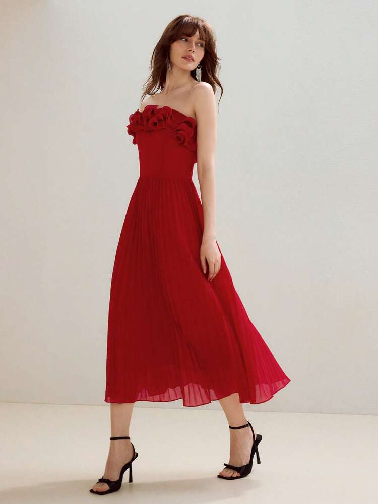SOLID LAYERED RUFFLE TRIM PLEATED HEM TUBE DRESS