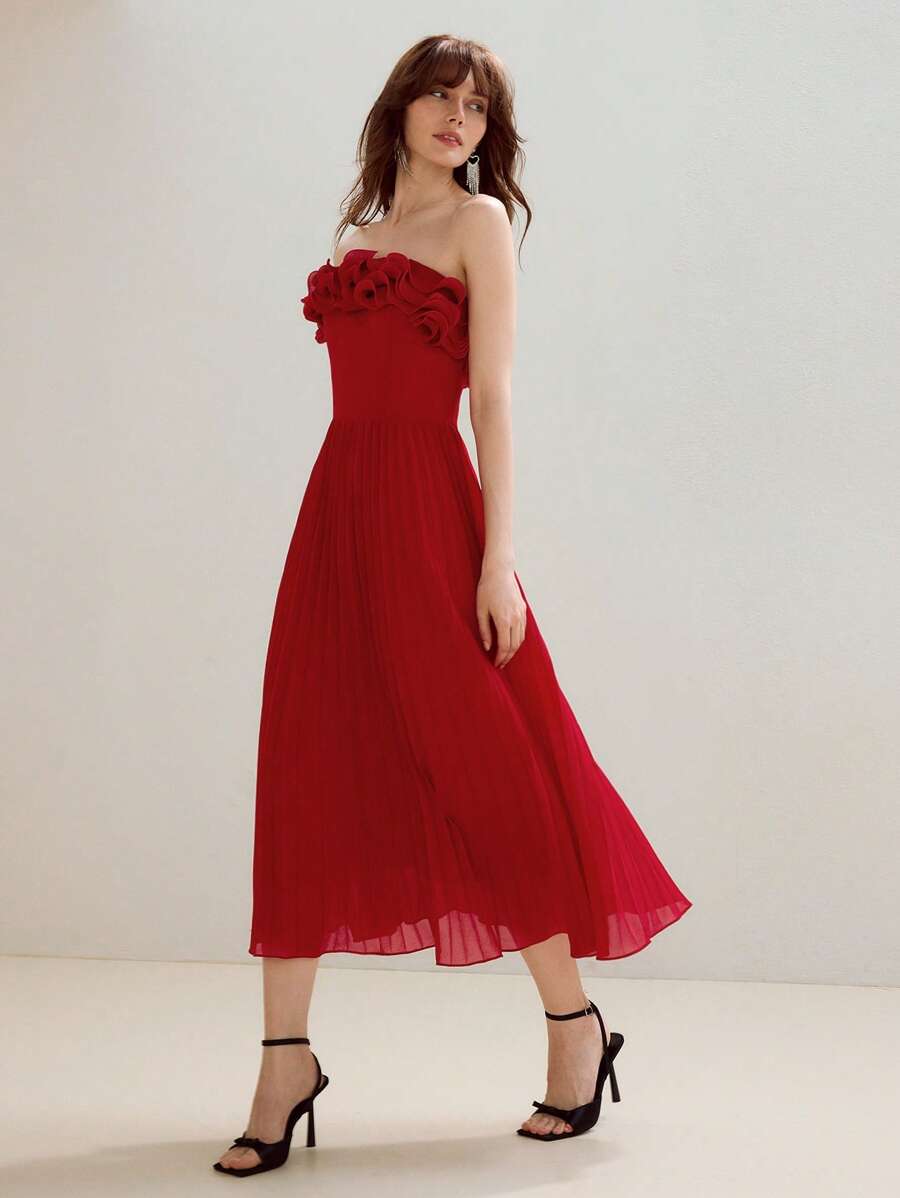 MOTF PREMIUM 纯色层叠荷叶边褶饰下摆筒形连衣裙 - 紅色 - 查看 1