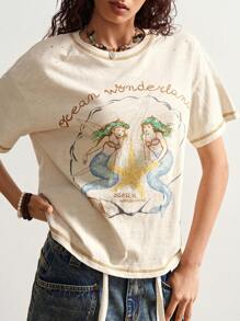 Bohemela 波西米亚风度假休闲美人鱼图案针织不对称领口女式 T 恤 - 杏色 - 查看 3