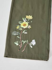 SHEIN Explorewe 少女度假風蜜蜂花卉印花寬腿連身褲 秋季深綠色休閒男孩媽媽風秋裝 - 軍綠色 - 查看 5