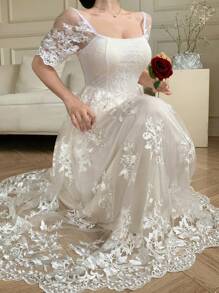 DAZY Đầm midi nữ thanh lịch phối ren, cổ vuông, tay phồng, thích hợp cho các dịp trang trọng, mùa hè. - trắng - Xem 6